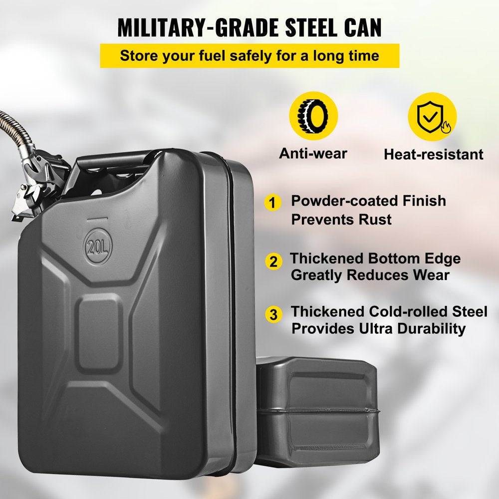 Jerry Fuel Can, 5.3 Gallon / 20 L Portable Jerry Gas Can with Flexible Spout System, Rustproof & Heat-Resistant Steel Fuel Tank for Cars Trucks Equipment, Black
