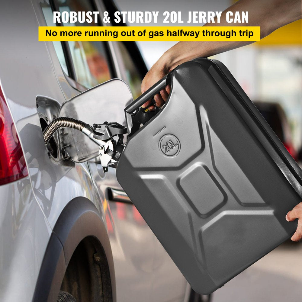 Jerry Fuel Can, 5.3 Gallon / 20 L Portable Jerry Gas Can with Flexible Spout System, Rustproof & Heat-Resistant Steel Fuel Tank for Cars Trucks Equipment, Black