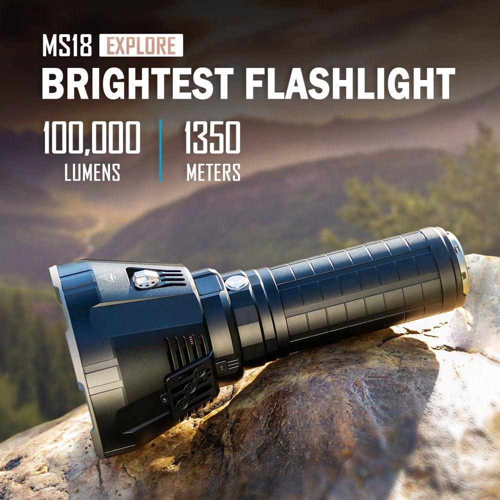 MS18 Powerful Flashlight 100000 Lumens, LED Rechargeable Flashlight with OLED Display Cooling Fans 9 Modes Waterproof Tactical Torch for Searching Camping