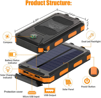 Durecopow Solar Charger, 20000Mah Portable Outdoor Waterproof Solar Power Bank, Camping External Backup Battery Pack Dual 5V USB Ports Output, 2 Led Light Flashlight with Compass (Orange)