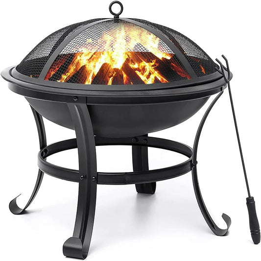 22 Inch Wood Burning Fire Pit for Camping Picnic Bonfire Patio outside Backyard Garden Small Bonfire Pit Steel Firepit Bowl with Spark Screen, Log Grate, Poker