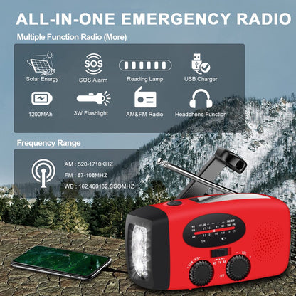 Hand Crank Emergency Radio, Portable Radio Solar Powerd AM FM WB NOAA Weather Radio with Flashlight, Cell Phone Charge, SOS Alarm