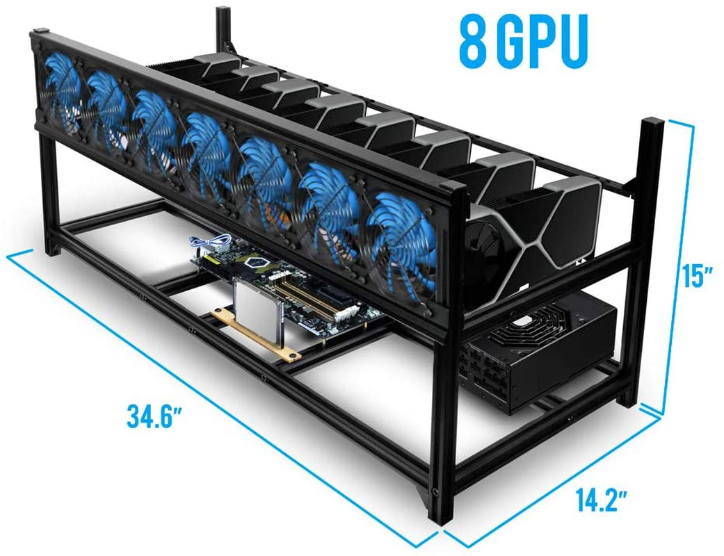 Miner Rig Case Aluminum W/6 or 8 GPU Mining Stackable Frame Expert Crypto Mining Rack for Ethereum Classic, Flux, Ergo, Neoxa, Ravencoin–Improve GPU Air Flow Cryptocurrency, Test Bench PC Case