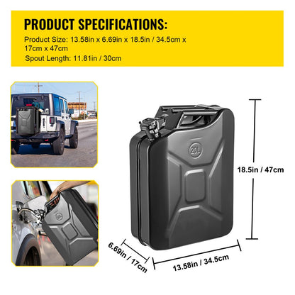 Jerry Fuel Can, 5.3 Gallon / 20 L Portable Jerry Gas Can with Flexible Spout System, Rustproof ＆ Heat-Resistant Steel Fuel Tank for Cars Trucks Equipment, Black