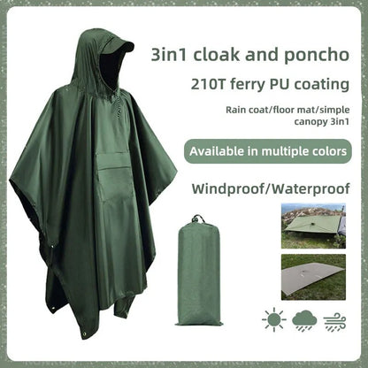 3 in 1 Raincoat Portable Multifunctional Outdoor Hooded Rain Poncho Hiking Poncho Raincoat Waterproof Outdoor Camping Tent Mat