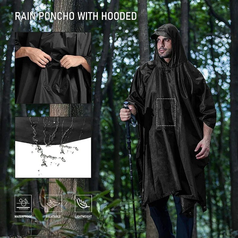 3 in 1 Raincoat Portable Multifunctional Outdoor Hooded Rain Poncho Hiking Poncho Raincoat Waterproof Outdoor Camping Tent Mat