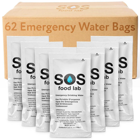 S.O.S. Emergency Water 5 Year Shelf Life - 62 Individual 4.22 Oz Packets (With Tips)