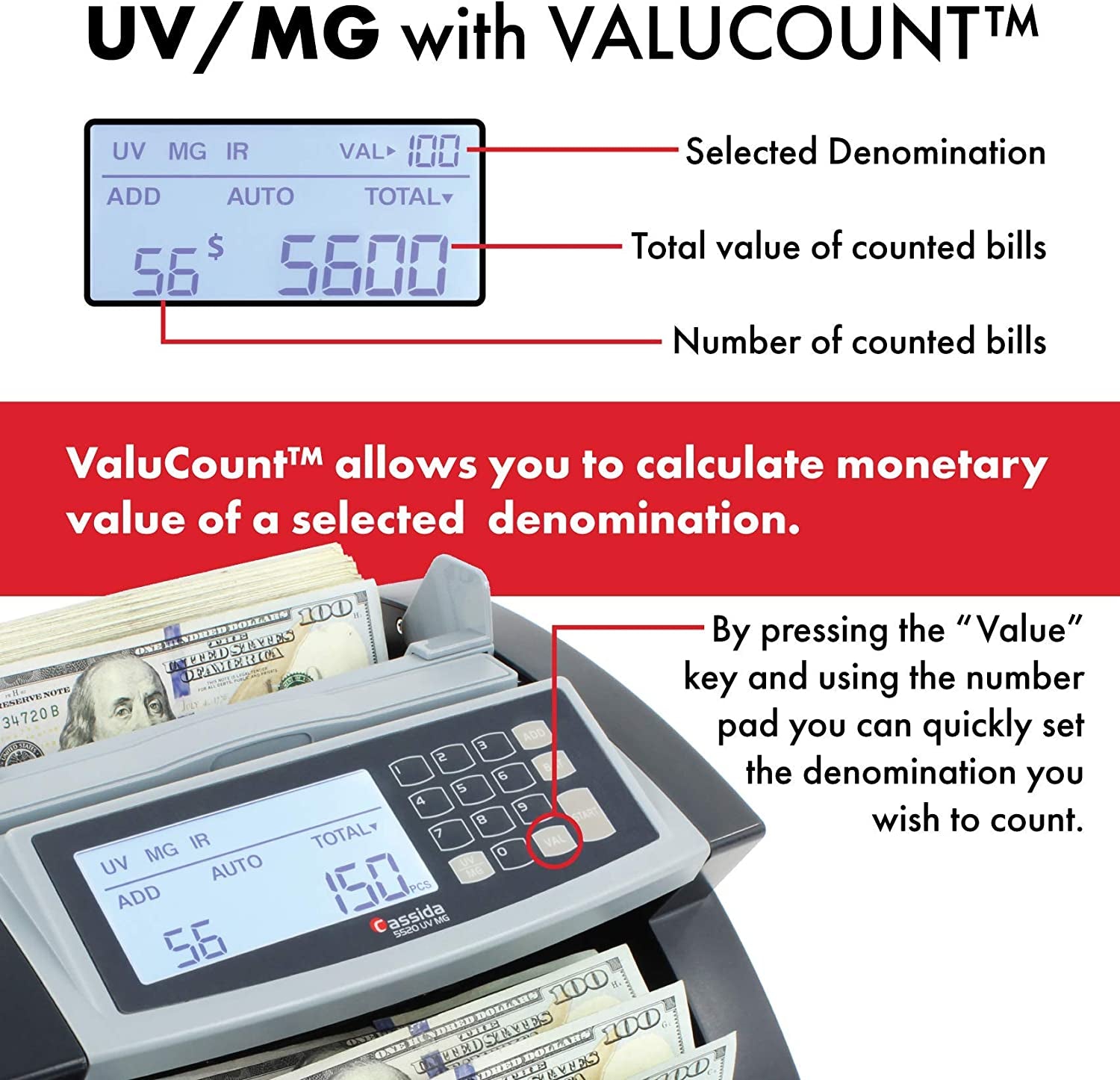 Cassida 5520 UV/MG - USA Money Counter with Valucount, UV/MG/IR Counterfeit Detection, Add and Batch Modes - Large LCD Display & Fast Counting Speed 1,300 Notes/Minute