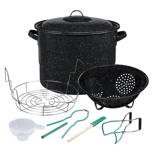 Granite Ware 9 Piece Enamelware Water Bath Canning Pot (Speckled Black) with Canning Toolset, Colander and Rack. Canning Supplies Starter Kit, Canning Supplies. Canning Kit.