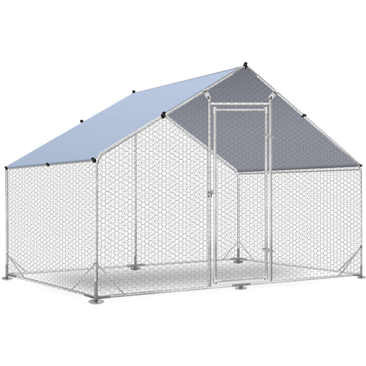Large Chicken Coops Metal, Outdoor Duck Walk-In Run Poultry Cage, Hen House Yard Habitat Cage with Waterproof Cover Spire Shaped Coop, 6.5' L X 9.8' W X 6.5' H