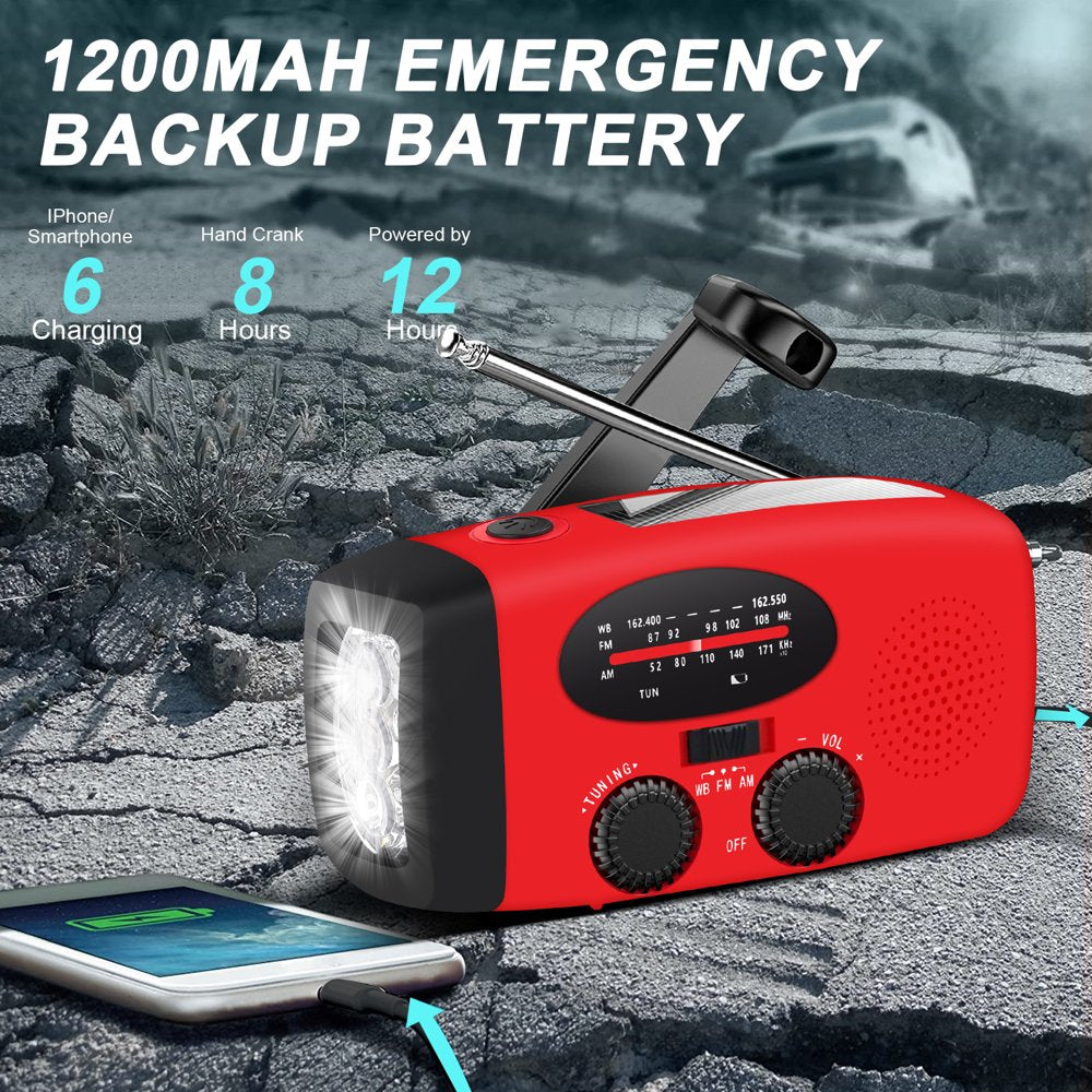 Hand Crank Emergency Radio, Portable Radio Solar Powerd AM FM WB NOAA Weather Radio with Flashlight, Cell Phone Charge, SOS Alarm