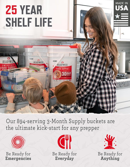 - 3 Month, Emergency Food Supply, 894 Servings, 6 Buckets, Freeze-Dried, MRE, Camping, Hiking, Survival, Adventure Meal, 25-Year Shelf Life