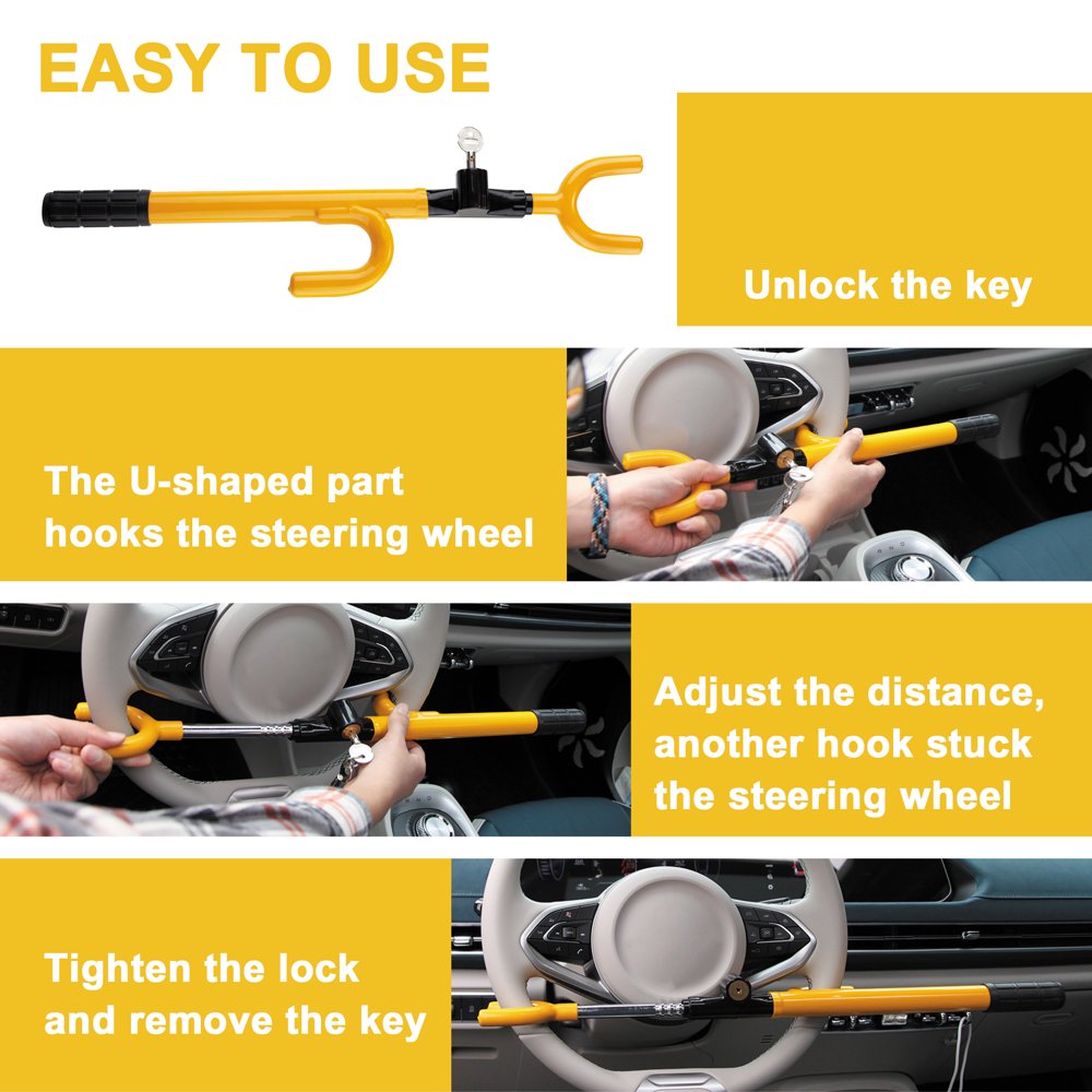 Vehicle Steering Wheel Lock, Car Anti-Theft Security Lock with Adjustable Length, Fit for Cars, Trucks, Vans, and Suvs