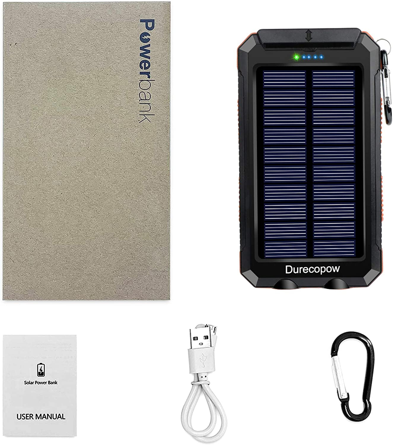 Durecopow Solar Charger, 20000Mah Portable Outdoor Waterproof Solar Power Bank, Camping External Backup Battery Pack Dual 5V USB Ports Output, 2 Led Light Flashlight with Compass (Orange)