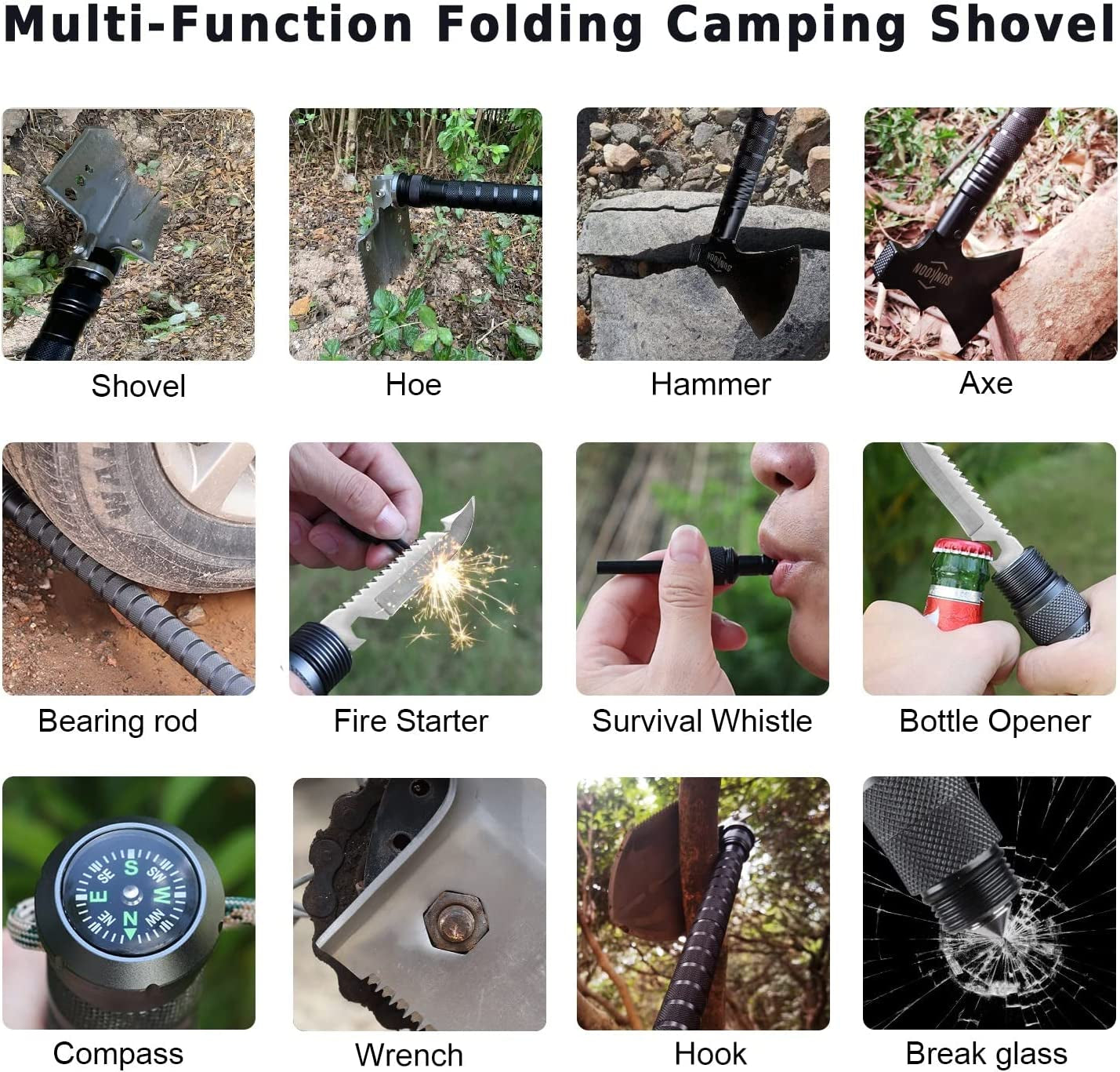 Survival Shovel Survival Axe, Camping Folding Shovels Hatchet with 19.2-37.8Inch Lengthened Handle Enlarged Shovelhead High Carbon Steel with Storage Pouch for Camping Cycling Hiking
