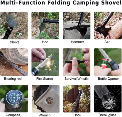 Survival Shovel Survival Axe, Camping Folding Shovels Hatchet with 19.2-37.8Inch Lengthened Handle Enlarged Shovelhead High Carbon Steel with Storage Pouch for Camping Cycling Hiking