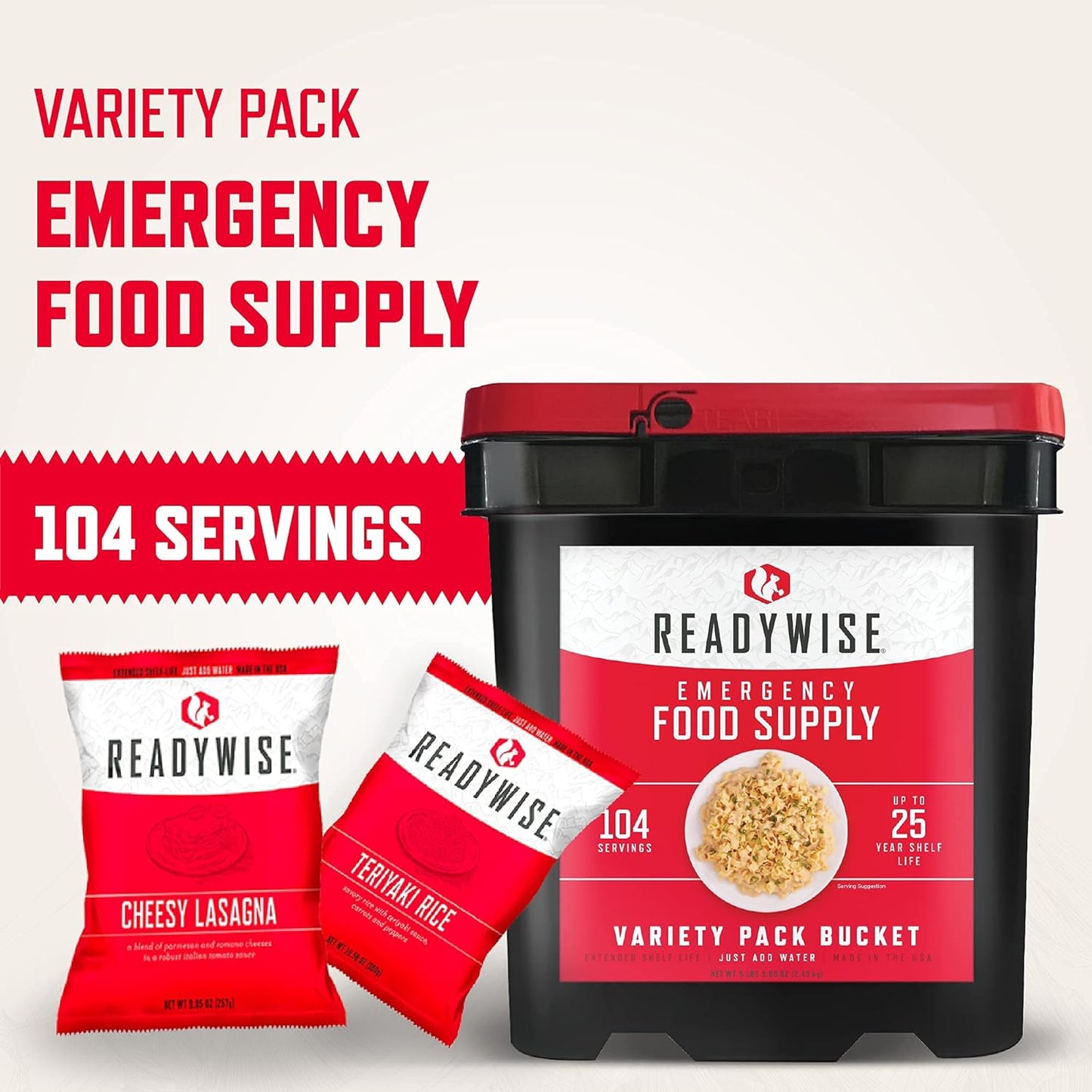 - Variety Pack Bucket, 104 Servings, Emergency, MRE Meal & Drink Supply, Premade, Freeze Dried Survival Food, Hiking, Adventure and Camping Essentials, Individually Packaged, 25 Year Shelf Life