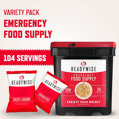 - Variety Pack Bucket, 104 Servings, Emergency, MRE Meal & Drink Supply, Premade, Freeze Dried Survival Food, Hiking, Adventure and Camping Essentials, Individually Packaged, 25 Year Shelf Life