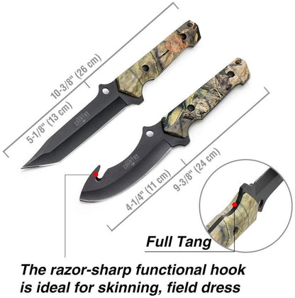 MOSSY OAK Fixed Blade Hunting Knife Set - 2 Piece, Full Tang Handle Straight Edge and Gut Hook Blades Game Processing Knife, Sheath Included