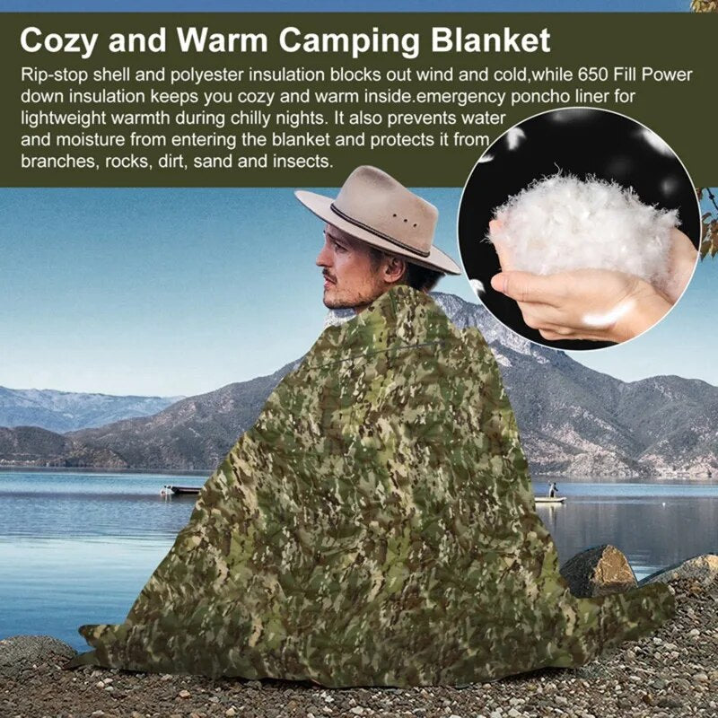 Tactical Army Poncho Liner Camouflage Water Repellent Woobie Quilted Blanket Suitable for Camping, Shooting, Hunting