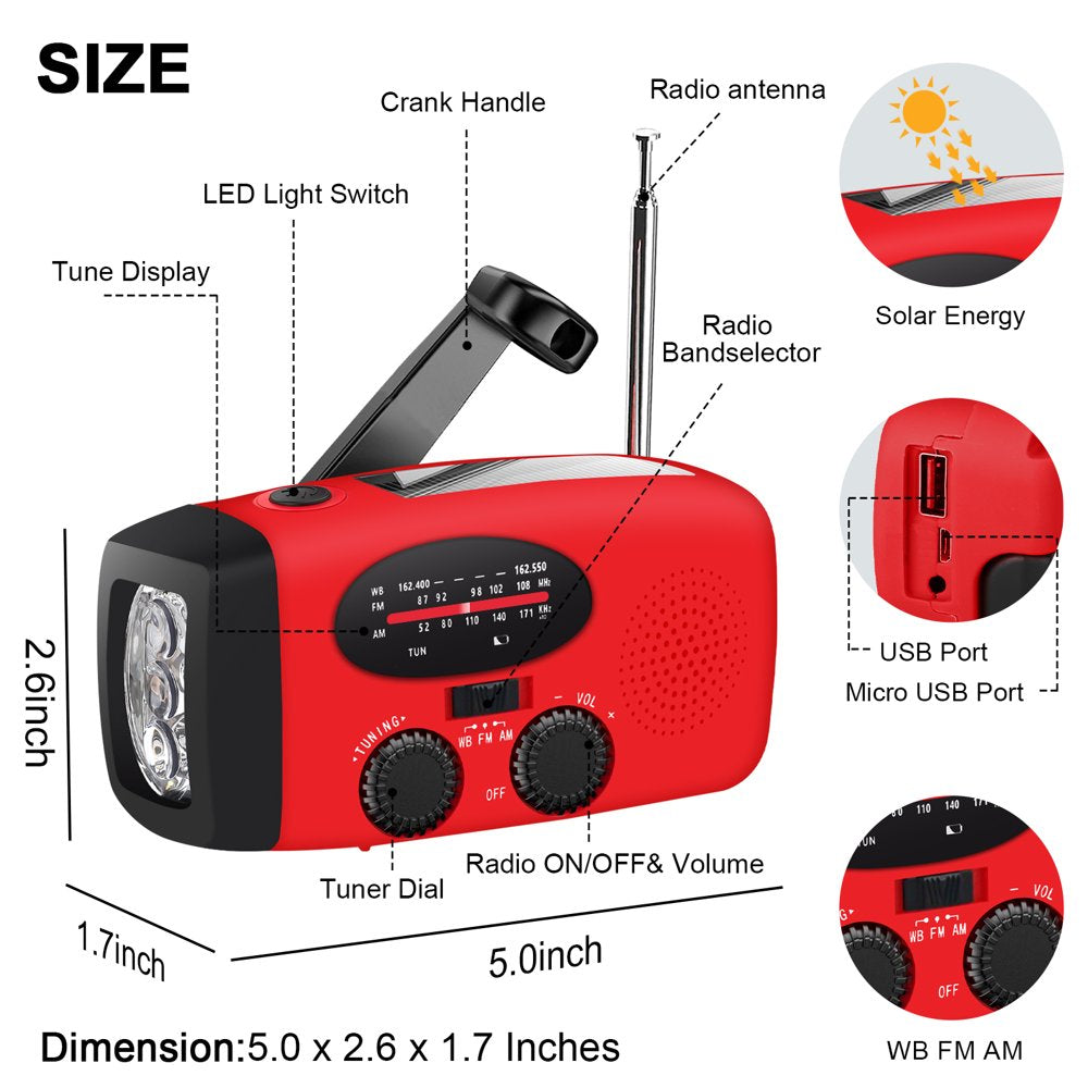 Hand Crank Emergency Radio, Portable Radio Solar Powerd AM FM WB NOAA Weather Radio with Flashlight, Cell Phone Charge, SOS Alarm