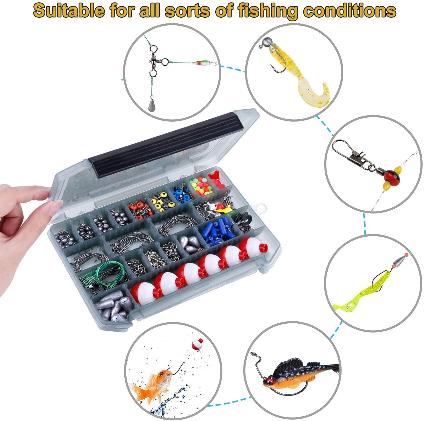 187/343Pcs Fishing Accessories Kit, Including Jig Hooks, Bullet Bass Casting Sinker Weights, Fishing Swivels Snaps, Sinker Slides, Fishing Set with Tackle Box