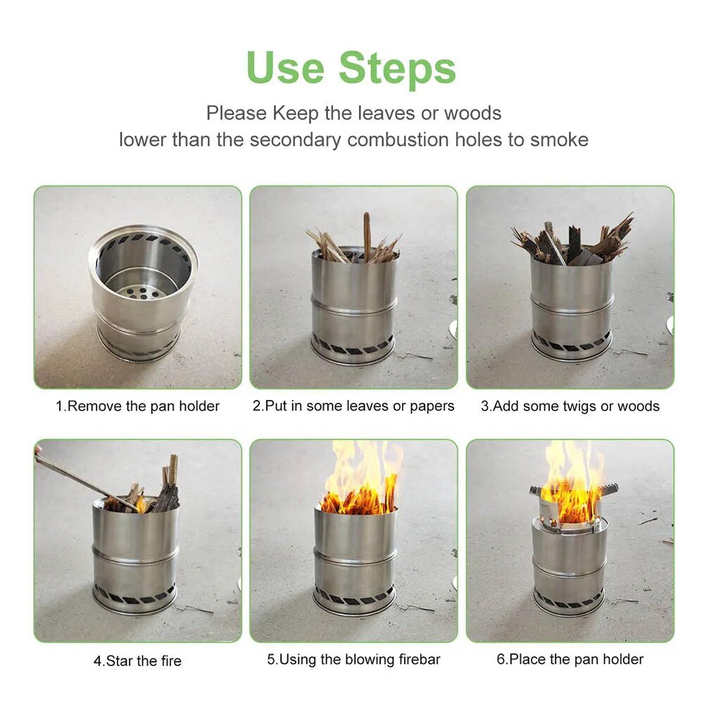 Portable Outdoor Camping Stove Wood Burning Mini Lightweight Stainless Steel Stove Picnic BBQ Cooker Travel Adventure Tools