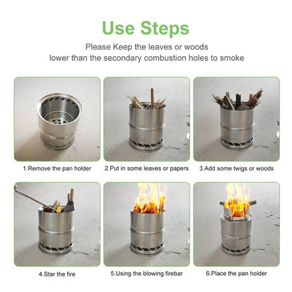 Portable Outdoor Camping Stove Wood Burning Mini Lightweight Stainless Steel Stove Picnic BBQ Cooker Travel Adventure Tools