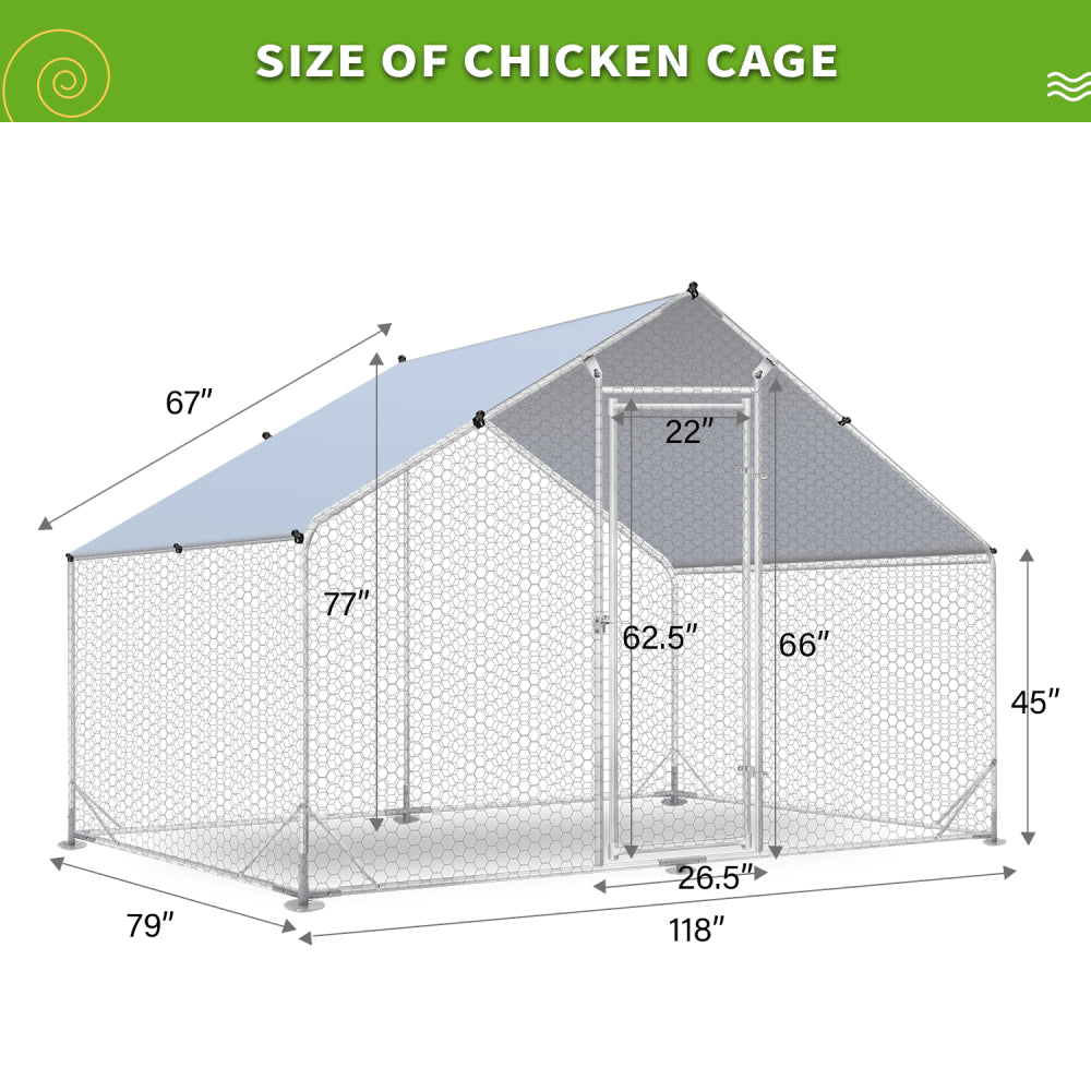 Large Chicken Coops Metal, Outdoor Duck Walk-In Run Poultry Cage, Hen House Yard Habitat Cage with Waterproof Cover Spire Shaped Coop, 6.5' L X 9.8' W X 6.5' H